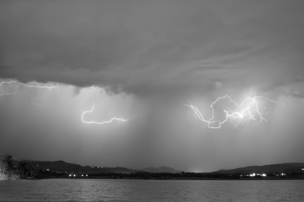 Lightning and Rain Over Rocky Mountain Foothills BW