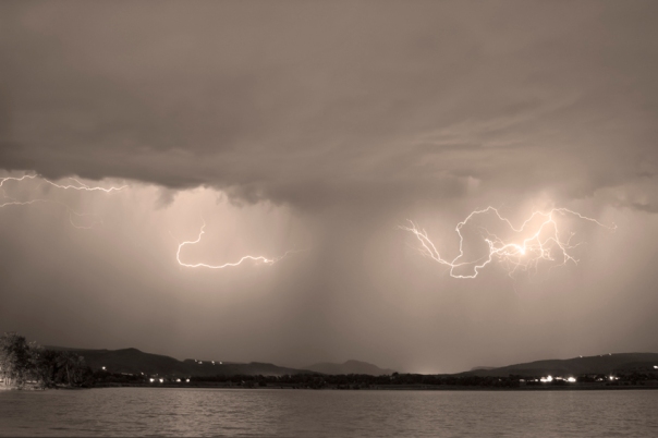 Lightning and Sepia Rain Over Rocky Mountain Foothills