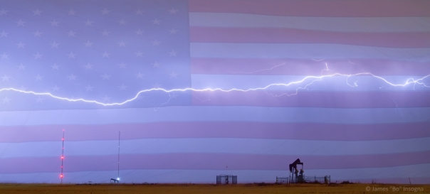 Long Lightning Bolt Across American Oil Well Country Sky