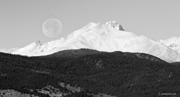 Moon Over Snow Covered Twin Peaks BW Panorama Art