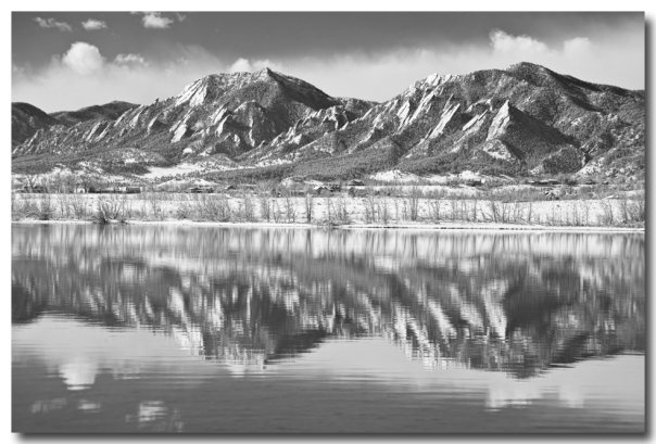 Boulder Reservoir Flatirons Reflections CO BW Art Print