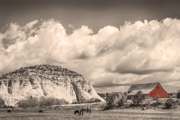 Just a scenic western landscape view of one of the many beautiful sights along route 12 in the beautiful state of Utah.    Just love the horse with the cows, red barn and western landscape.  You can almost images what it was like back then in the old west days.  Like going back in time.  