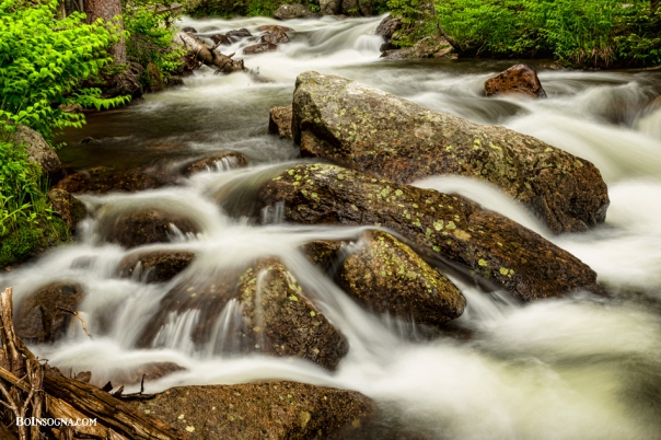 Cascading Water and Rocky Mountain Rocks Art Print