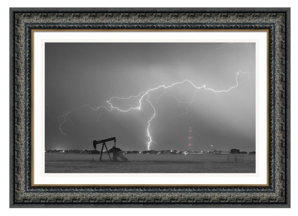 Oil Fields Lightning Thunderstorm Bwsc Framed Print